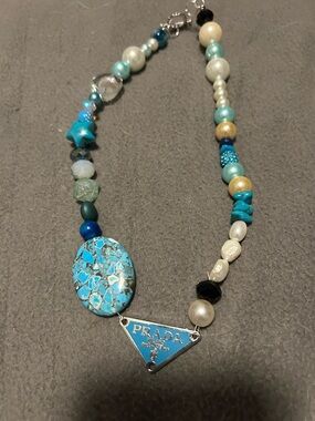 Upcycle Prada triangle logo Turquoise-logo Mix Bead Necklace with Logo Pendant